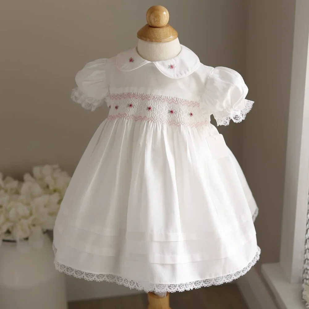 White Smocked Dress 9/12 Month Hand Embroidery Flower Girl Spring Portrait